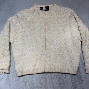 Vintage Silver House Sequin Silk Cardigan Jacket Cream Iridescent 1960s Glam
